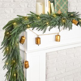 Fovths 6 Ft Christmas Garlands with Lights and Bells Real Touch Norfork Cedar Pine Garland Artificial Greenery Garlands for Christmas Mantle, Table Indoor Outdoor Decorations, Green and White