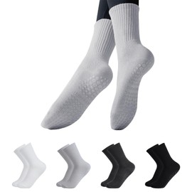 Fjquamitix 4 Pairs Reformer Pilates Socks Yoga Socks Non Slip Grip Cotton Sock for Women Ladies Girls Gym Workout Sport Exercise Ballet Dance Pilates Yoga (White+Black+Grey1+Grey2)