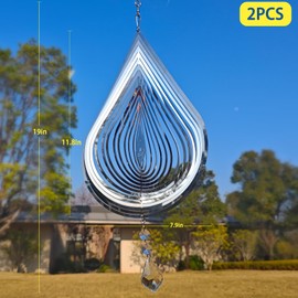 Wind Spinners Outdoor, 2PCS Water Droplets Wind Spinners Garden Decor, 3D Stainless Steel Metal Sculptures Decorations, Bird Deterrents for Outside, for Indoor Outdoor, Birthday Gifts for Mom