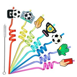 Pack of 14 Children's Football Straws with 2 Cleaning Brushes, Reusable Plastic Straws, Curly Party Straws, Children's Birthday Decoration Party Supplies, Football Theme Decorations