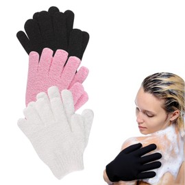 3 Pair Shower Gloves Exfoliating, Deep Clean Body Exfoliator Scrub, Dead Skin Remover Shower Body Scrub Gloves for Shower, Spa, Massage and Dead Skin Cell Remover Loofah - Black, Pink, White