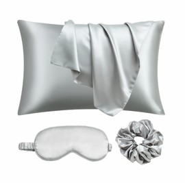 URLINENS Satin Pillowcase for Hair and Skin, Vegan Silk Pillowcase Set-2 Satin Pillowcases, 1 Eye Mask, 1 Scrunchie-Luxury Sleep Set, Silver Gray Pillow Cases Queen Size with Envelope Closure
