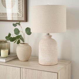 Nourison 24" White Washed Terracotta Farmhouse Textured Table Lamp for Bedside Table, Living Room, Dining Room, Entryway