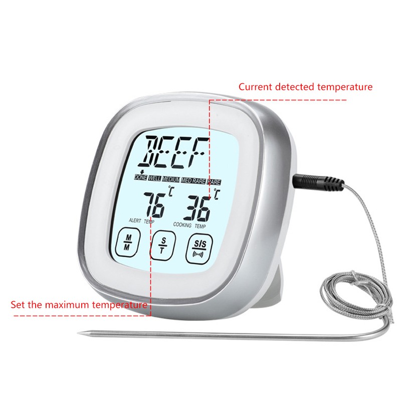 Wireless Food Thermometer Electronic Digital Touch Screen W/Timer Alarm for