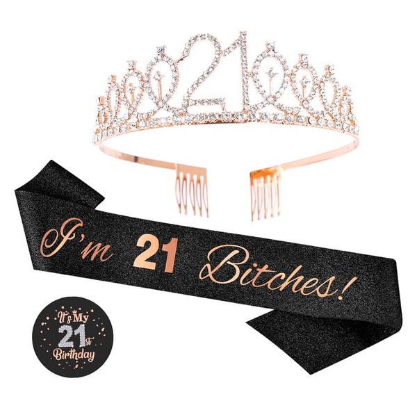 Topfunyy 21st Birthday Tiara and Sash Set - 'I'm 21 Bitches' Black Glitter Sash Crystal Crown Birthday Gift for Girls 21st Birthday Party Supplies