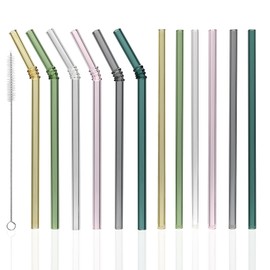 FBAJOJO coloured glass straws, 6 straight straws, 6 curved straws, 9 inch reusable straws, safe and high temperature resistant glass straws, 12 straw sets with 4 cleaning brushes.