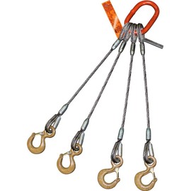 Four Leg Bridle Wire Rope Sling | 2.2 Ton Vertical Rated | Eye Hooks with Safety Latches | 1/4" Dia. | 3' Length | EIPS 6x25 IWRC | Hanes Supply (HSI) Heavy Duty Rigging Cable for Lifting and Towing