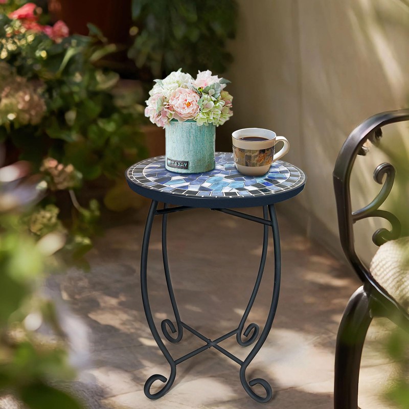 LIFFY Outdoor Side Table,12" Round Ceramic Tile Tabletop Accent Table