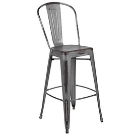 Flash Furniture Commercial Grade 30" High Distressed Silver Gray Metal Indoor-Outdoor Barstool with Back