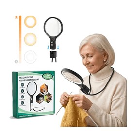 Lupa de cuello manos libres con 48 luces LED, 3 modos de color, lente transparente grande, mango largo ajustable para lectura, manualidades y trabajos