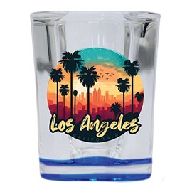 R and R Imports Los Angeles California Souvenir 2.5 Ounce Shot Glass Square Blue Base C