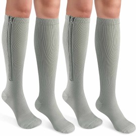 CASMON 2 Pairs Zipper Compression Socks for Women & Men,15-20 mmHg Closed Toe Knee High Support Sock for Varicose Vein Edema