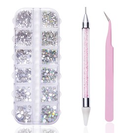 12 grid flat back Rhinestones with Tweezers and Wax Pencil Gems , DIY decorative Nail Face and apparel accessories (crystal and crystal AB)