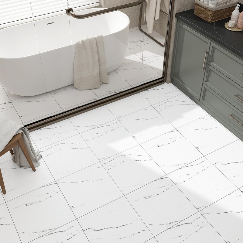 FunStick Peel and Stick Floor Tile White Marble Vinyl Flooring