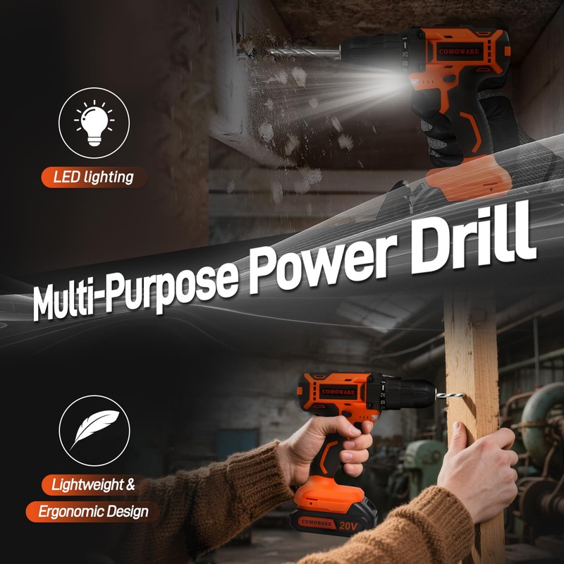 COMOWARE Household Tool Set with 20V Cordless Drill Driver, 120Pcs