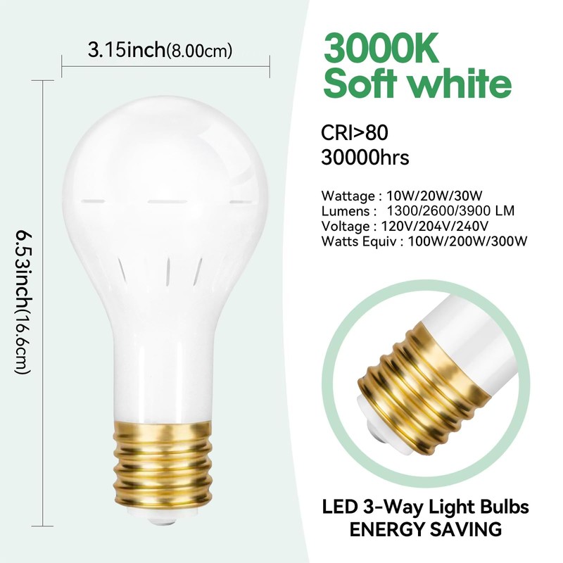 GEPLAD 2-Pack Mogul Base 3 Way LED Light Bulb, 10/20/30W,
