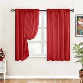 HOMEIDEAS Christmas Non-See-Through Red Privacy Sheer Curtains, 52 X 54 Inches Long 2 Panels Sheer Curtains Light Filtering Window Drapes for Bedroom Living Room