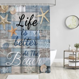 AAtter Beach Shower Curtain Nautical Coastal Blue Aqua Decorative Summer Seashell Fish Tropical Hawaiian Sea Conch Starfish Ocean Theme Scene Barn Wood Home Bathroom Decor Bathtub Set, 60x72, Rustic
