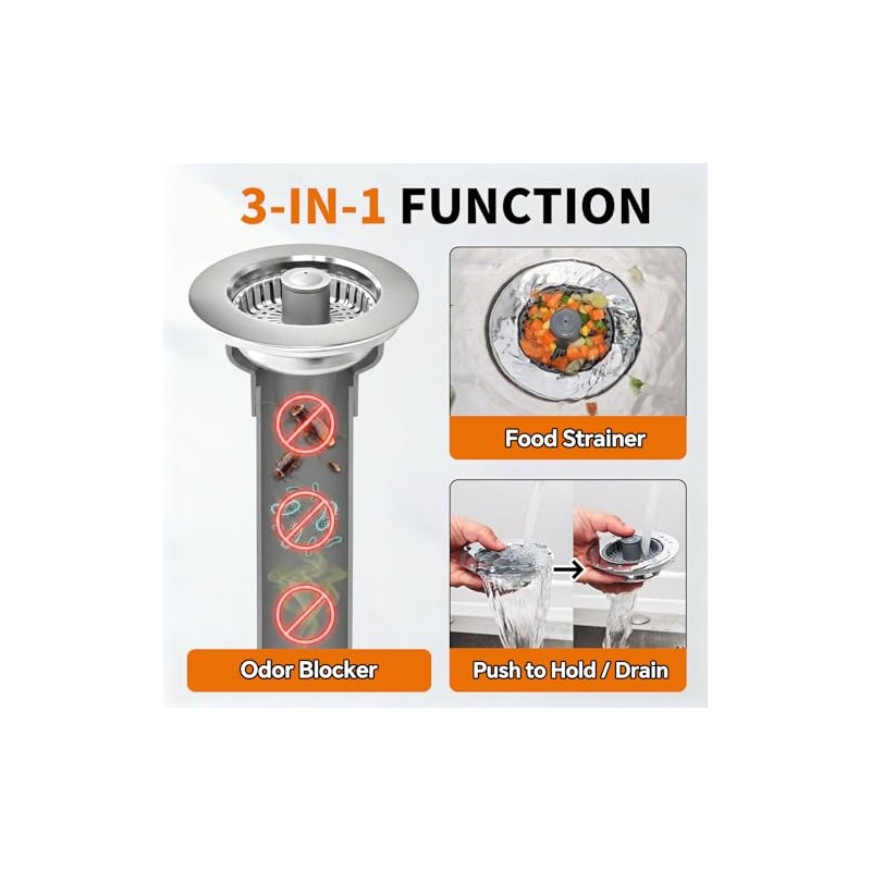Solid Brass Body 3-in-1 Kitchen Sink Drain Strainer & Stopper,