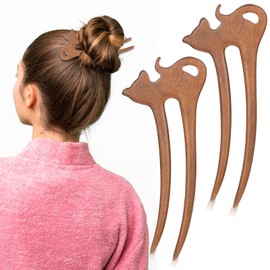 Tyqour 2Pcs U Shape Wooden Hair Sticks Cat French Hair Pin Handmade Carved with Cute Cat Design U Shaped Hair Pins Vintage Hair Forks for Women Styling Chignon Bun Updo Hairstyle Accessories