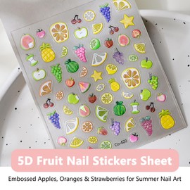 KGCGJVB Fruit Nail Stickers for Nail Art Summer Apple Orange Blueberry Watermelon Charms 5D Embossed Nail Decals for Nails Decoration Self-Adhesive for Manicure Cute Nail Art Supplies for Women