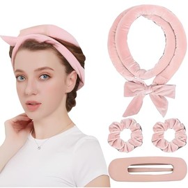 Rizadores sin calor para dormir, set de rizos sin calor, diadema con rulos para cabello largo (rosa)