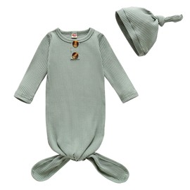 Newborn Baby Nightgown Coming Home Outfits Long Sleeve Sleeping Bags Pajama Set Swaddle Blanket Sleepwear (0-3 Months, Green)