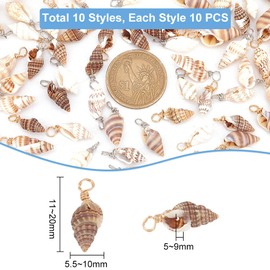 PH PandaHall 100pcs 10 Styles Natural Shell Charms Shell Pendants Summer Ocean Sea Charms Spiral Shells Charm Spiral Conch Shells Pendants for DIY Jewelry Making Earrings Necklace Bracelet