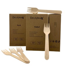 DeliUniq® Disposable Cutlery, 100 Wooden Forks, Environmentally Friendly Sustainable Cutlery Made of Birch Wood, Biodegradable, Food-Safe, Length 160 mm