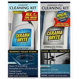 Cerama Bryte Stainless Steel Cleaner for Appliances + Cooktop and Stove Top Cleaner, 10 Ounce + 8 Fluid Ounce, POW-R Grip, Scraper, Pad + Cleaning Cloth