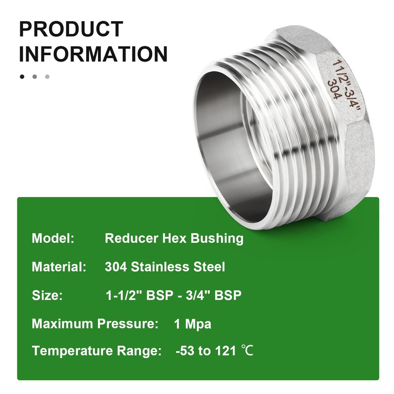 TAISHER 2 Pieces 304 Stainless Steel Reducing Hex Socket 1-1/2"