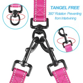 PetBonus Double Dog Leash, No Tangle Dual Leash, Reflective Walking Training Lead, 4 Comfortable Padded Handles for 2 Dogs with Collapsible Bowl and Waste Bags (Pink, Large)