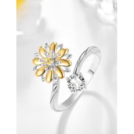 KINGWHYTE Daisy Rings 925 Sterling Silver Daisy Flower Rings with Cubic Zirconia Adjustable Daisy Open Rings Birthday Christmas Jewellry Gifts for Girls Women