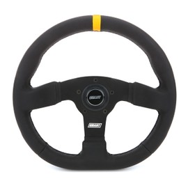 Grant Steering Wheel, Performance Flat Bottom, 13 x 12.25 in Diameter, D-Shaped, 1 in Dish, 3-Spoke, Black Vinyl Grip, Yellow Stripe, Aluminum, Black Anodized, Each