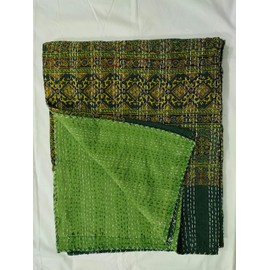Sophia-Art California King/King/Twin Size Bohemian Hand Block Ajrak Vintage Print Bedspread Kantha Blanket Bed Cover, Sofa Cover Hand Stitch Throw Quilt (Green, King 90108 Inches)