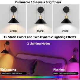 Battery Operated Wall Sconce Set of Two,Black Modern with Remote Control Dimmable Wall Lighting Indoor,Not Hardwired Led Wall Lamp Fixtures for Bedroom Living Room,3 Temperatures & 12 Color RGB
