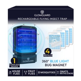 GlowGuard Cordless Flying Insect Trap Catches Fruit Flies, Indoor Gnat Killer, Magnet for Moths & Mosquitos in Dark, 1 Rechargeable Trap + 4 Dual-Sided Sticky Pad Refills, 30Hr 5000mAh Battery (Black)