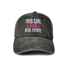 Enodtter This Girl Sells Real Estate Hat, Realtor Gifts Embroidered Baseball Cap for Women, Washed Black Adjustable Distressed Cotton Snapback Hat