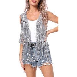 SEAUR Sequin Tassel Vest for Women Fringe Figure Waistcoat Jacket Cowgirl Glitter Tassel Gilet Sleeveless Sparkle Open Front Cardigan, Silver M