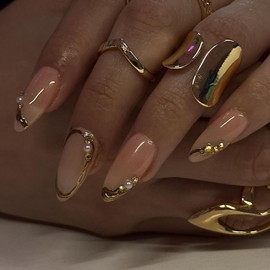 24pcs Almond Fake Nails - Medium Press Ons With Gold Stripe Rhinestone Designs - Glossy Acrylic Nails - Full Cover Glue Ons - Nude Pink Stick Ons For Women