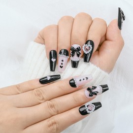 Sethaxy Handmade Nail Tip, Very Long, Mine-based False False Nails, Coffin Tip, Cute, Fashion, Fashion, Rhinestones, 3D Nails, Nail Sticker (Black, Pink 2)