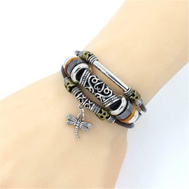 SMALLLOVE Bohemian Leather Bracelets for Men and Women Vintage Punk Alloy Butterfly Key Adjustable Beaded Wrap Multilayer Braided Cuff Bangles Wristband Wrist Decor Bracelet (Brown Dragonfly)