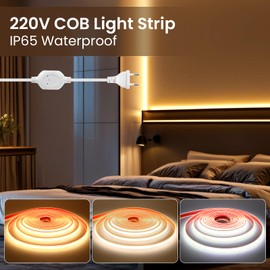 KISUFU 220 V COB LED Strip, 288 LEDs/m Flexible High Density 3000 K CRI≥85 FCOB LED Strip, 3 mm Wide LED Strip IP79 Waterproof COB LED Light Strip with Bedroom, Cabinet Lighting
