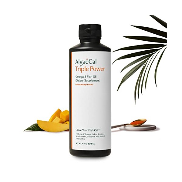 AlgaeCal Triple Power - Natural Omega-3 Fish Oil Supplement, Liquid Emulsion High Levels of EPA & DHA, Curcumin, Astaxanthin, Antioxidant Benefits, Heart, Brain & Bone Health, No Burps, Mango Flavor
