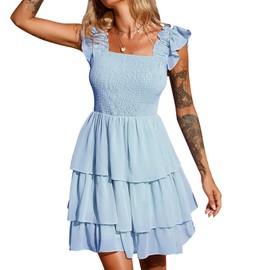 Byinns Womens Square Neck Sleeveless Ruffle Dress High Waist Backless Tiered Smocked Strappy Casual Short Mini Dresses Light Blue