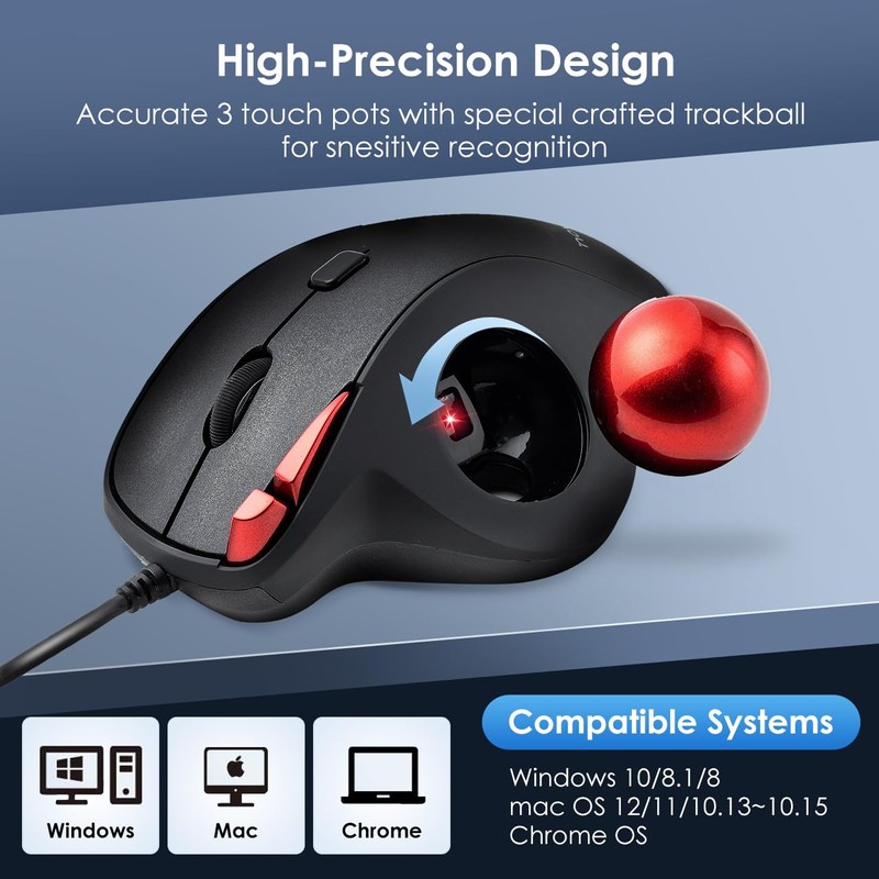 SANWA Wired Ergonomic Trackball Mouse, Optical Rollerball Mice, Programmable Silent