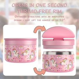 Misonea 12oz Soup Thermo for Hot Food Kids Vacuum Insulated Food Jar Twist-Free Soup Thermo for Hot Food Kids Leakproof Stainless Steel Wide Mouth Lunch Container, Pink Unicorn