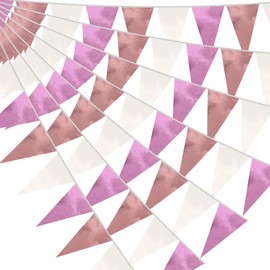 20M/65FT Rose-Gold Pink Triangle Pennant Banner Flag Metallic Fabric Bunting Garland for Christmas Graduation Wedding Engagement Anniversary Bachelorette Birthday Bridal Shower Hen Party Supplies