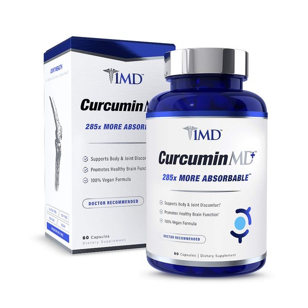 1MD Nutrition CurcuminMD Plus - Turmeric Curcumin with Boswellia Serrata - 285x More Absorbable | Joint Stiffness, Muscle Recovery, and Mood Support | 60 Capsules