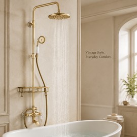 Antique Brass 8-Inch Rainfall Shower System with Hand Shower & Dual Handles